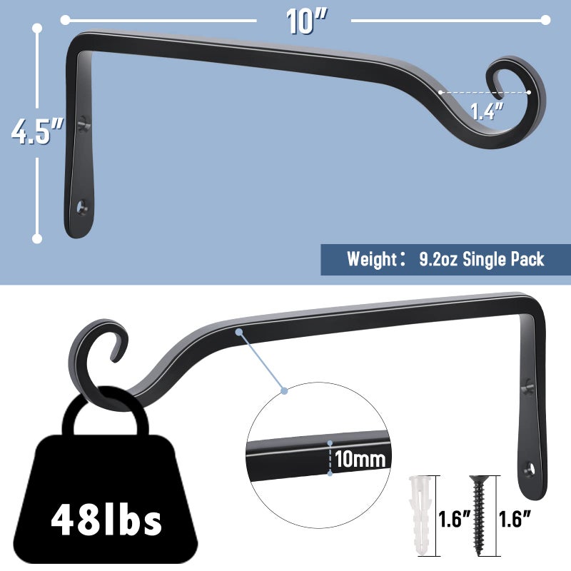 FEED GARDEN Wall Hook Hanging Plant Bracket 10 Inch 2 Pack, Hand-Forged Plant Hanger for Hanging Bird Feeders, Wind Chimes, Flower Baskets, Yoga Mat, Indoor/Outdoor Use, Black - Image 2